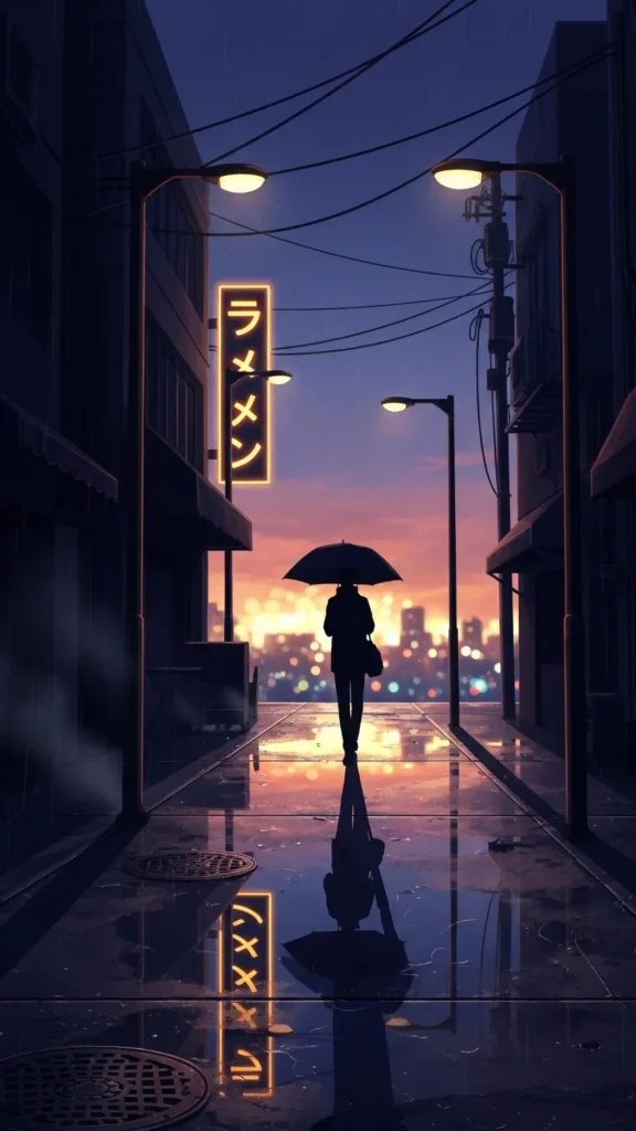 Anime Rainy Tokyo Alley Umbrella Phone Wallpaper