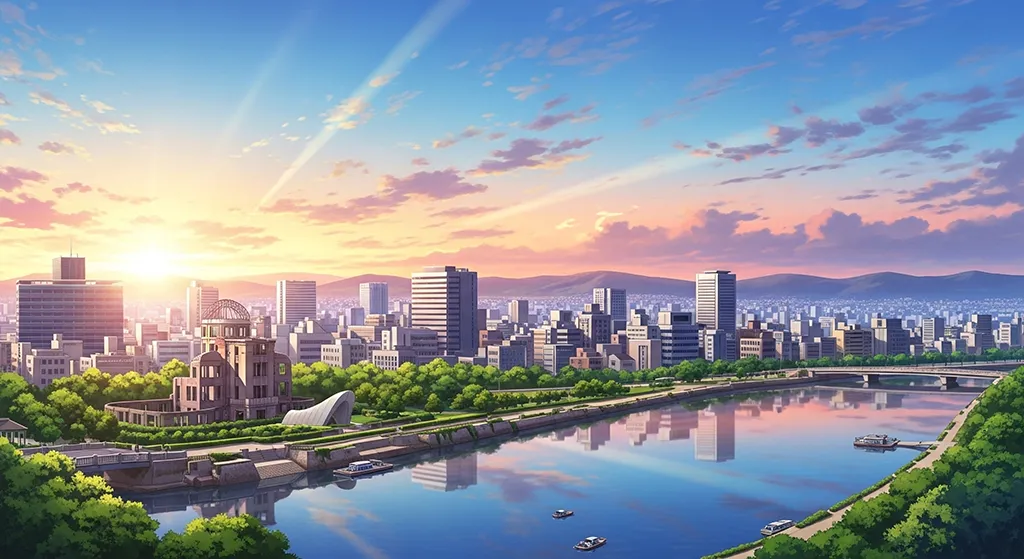 Anime River City Sunset Wallpaper