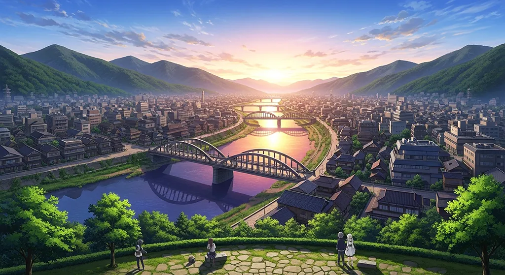 Anime River Valley City Sunrise Wallpaper
