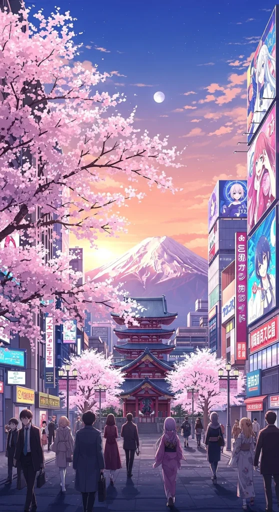 Anime Sakura City Sunset Phone Wallpaper