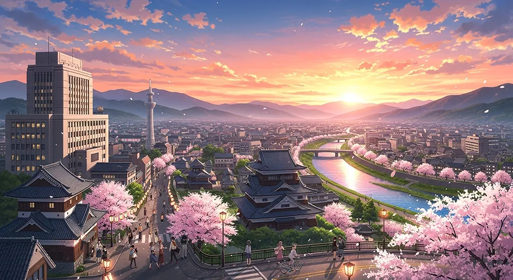 Anime Sakura City Sunset View Wallpaper