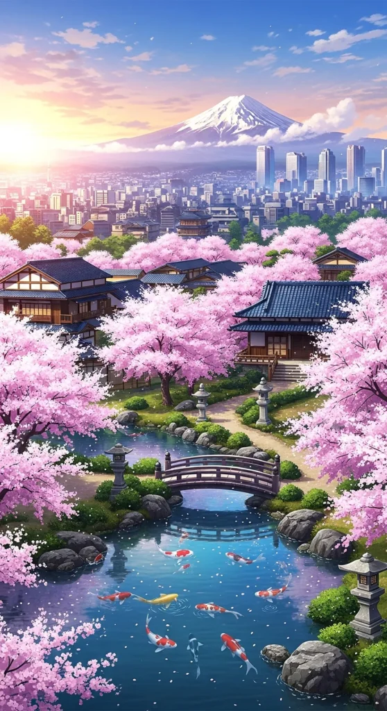 Anime Sakura Garden Mount Fuji Phone Wallpaper
