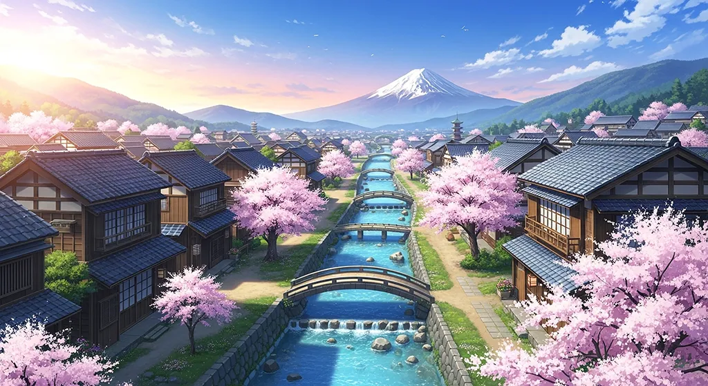 Anime Sakura River Town Fuji Wallpaper