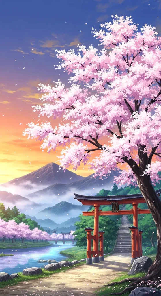 Anime Sakura Shrine Path Phone Wallpaper