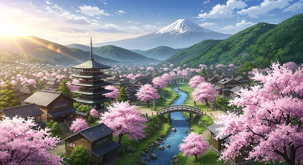 Anime Sakura Village Mount Fuji Wallpaper