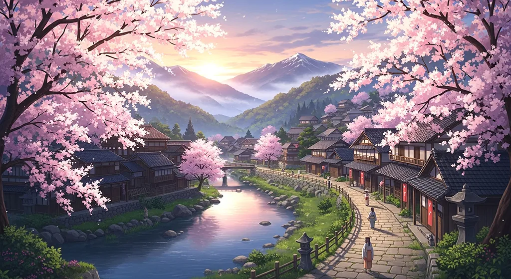 Anime Sakura Village River Wallpaper