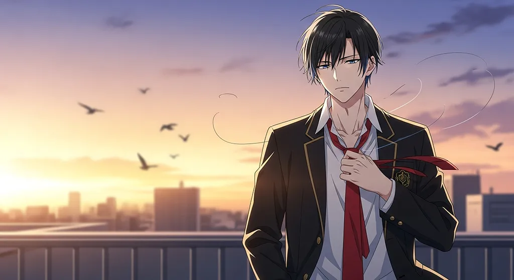 Anime School Boy Sunset City Rooftop Wallpaper