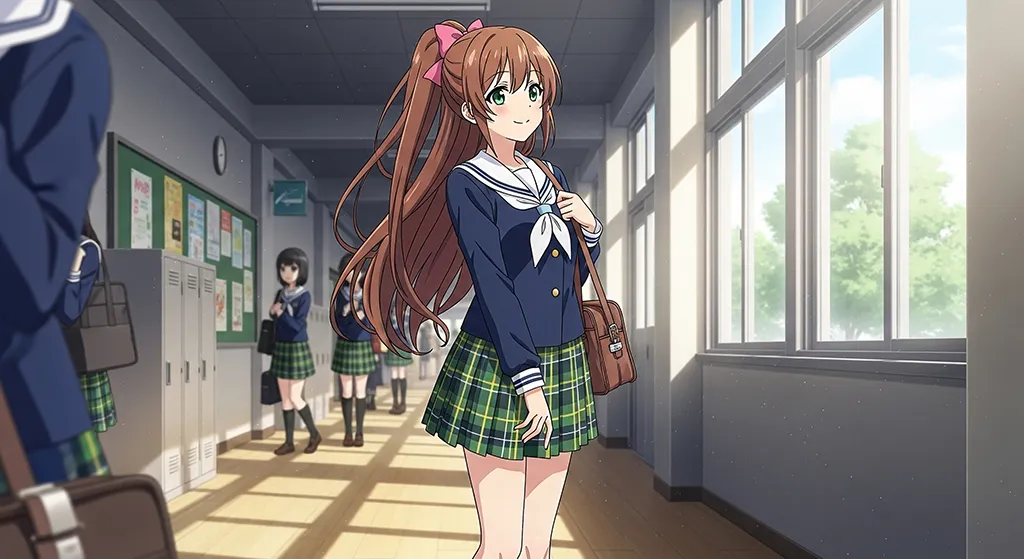 Anime School Girl Hallway Wallpaper
