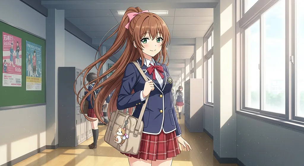 Anime School Girl Red Skirt Hallway Wallpaper
