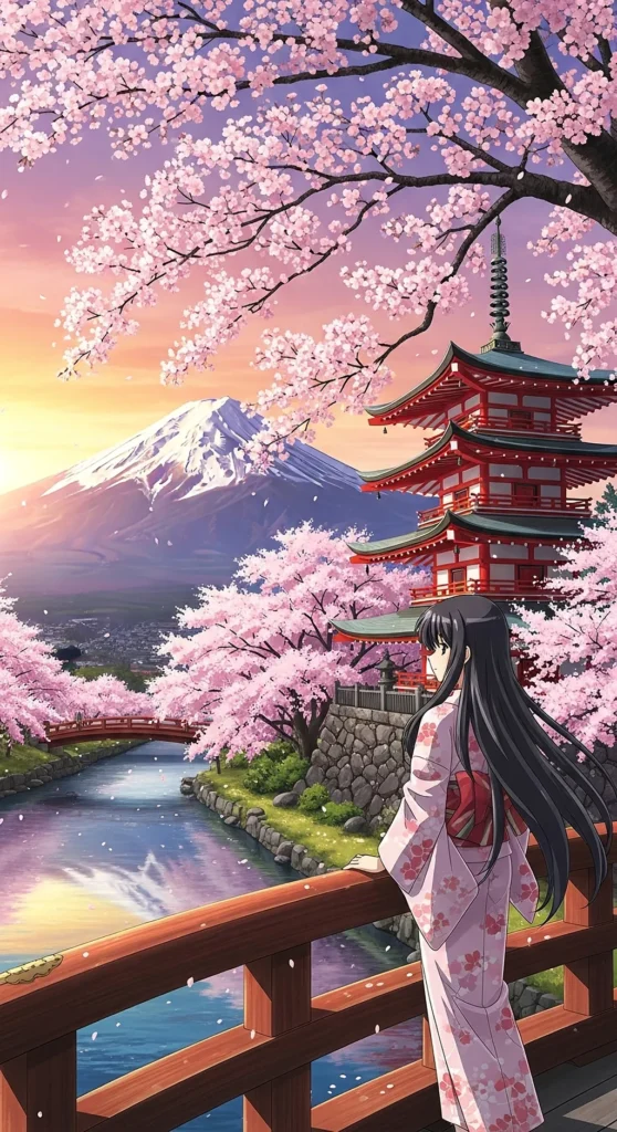 Anime Shrine Sakura Fuji View Phone Wallpaper
