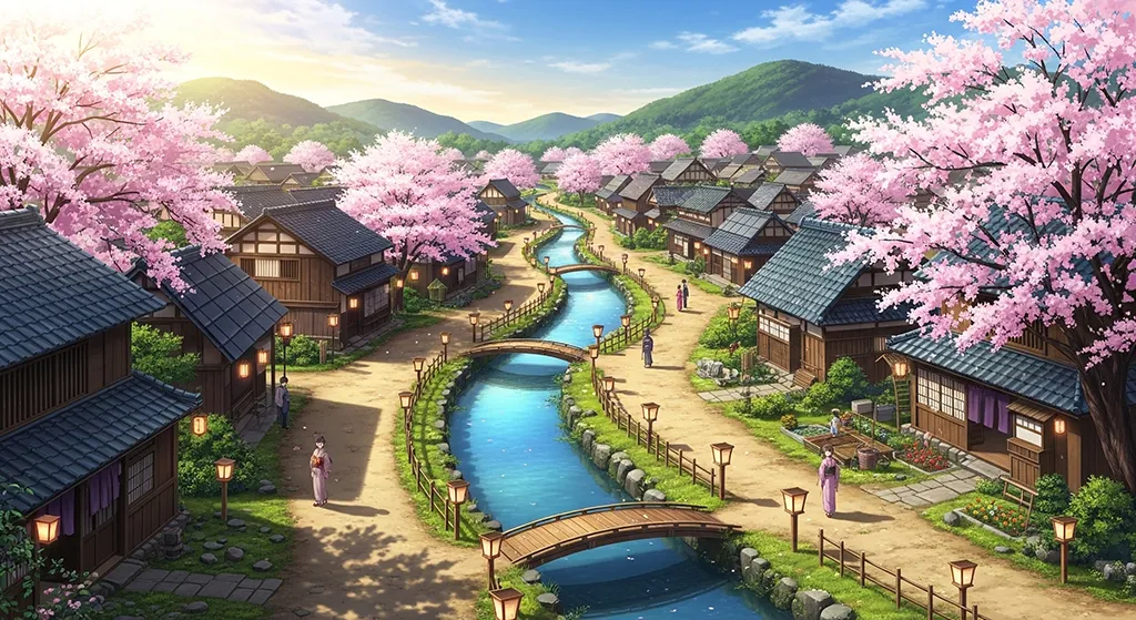 Anime Spring Village Canal Wallpaper