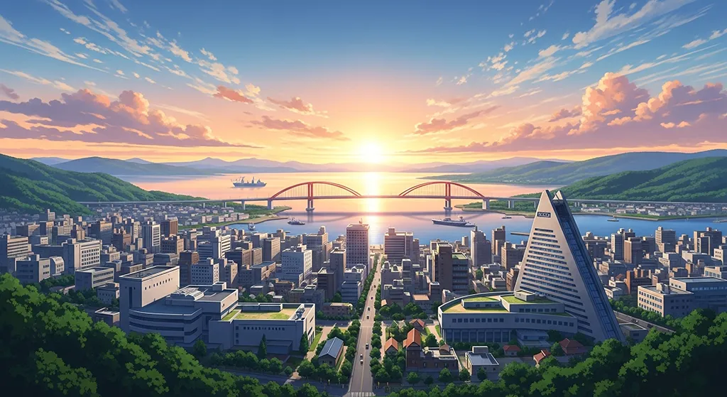 Anime Sunrise Bridge City Landscape Wallpaper