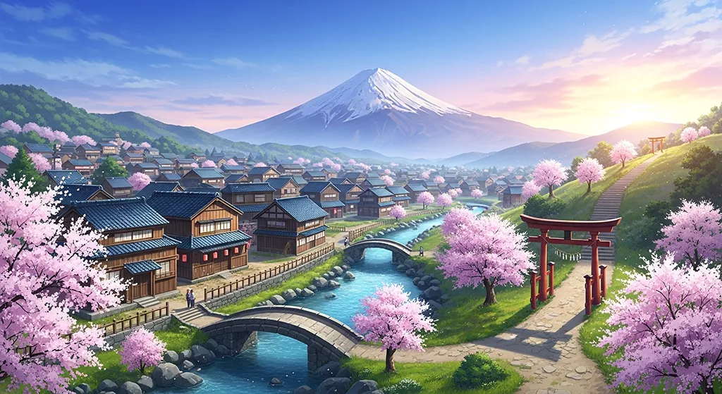 Anime Sunset Sakura River Village Wallpaper
