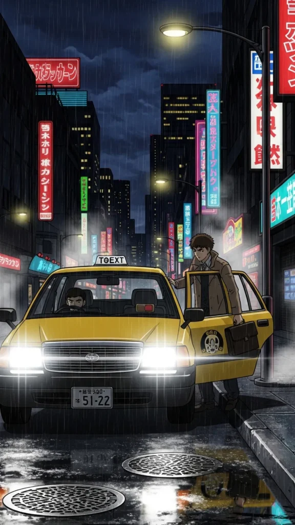 Anime Taxi Rainy City Wallpaper