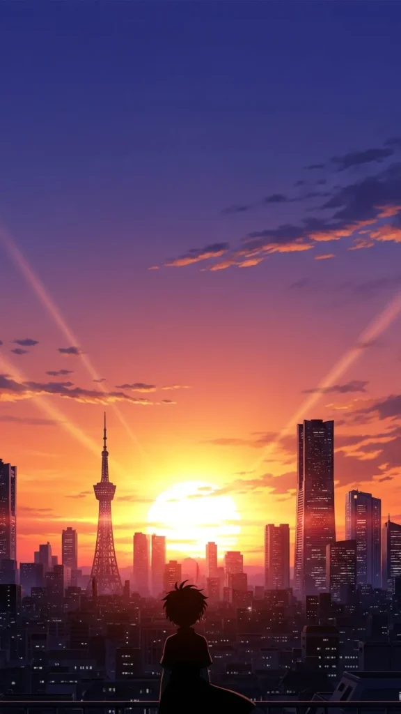 Anime Tokyo Tower Sunset City Phone Wallpaper