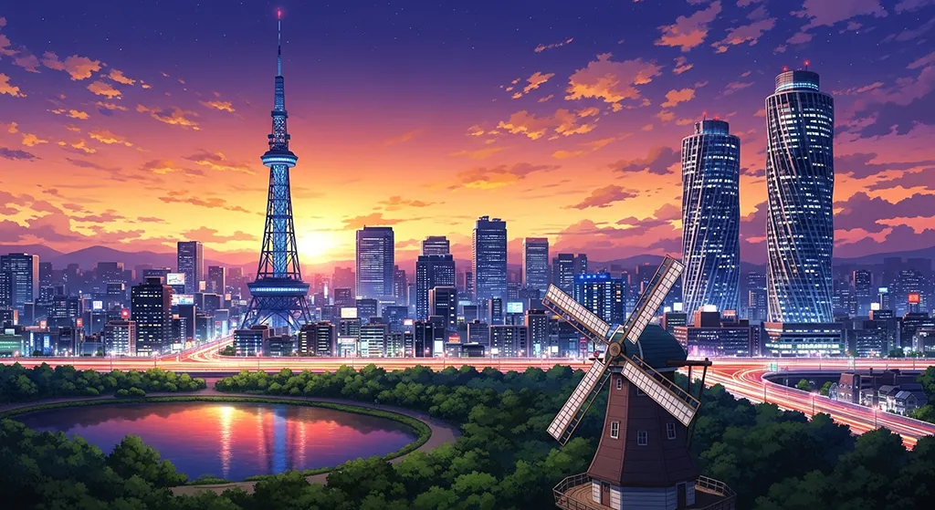 Anime Tokyo Tower Sunset Skyline Wallpaper