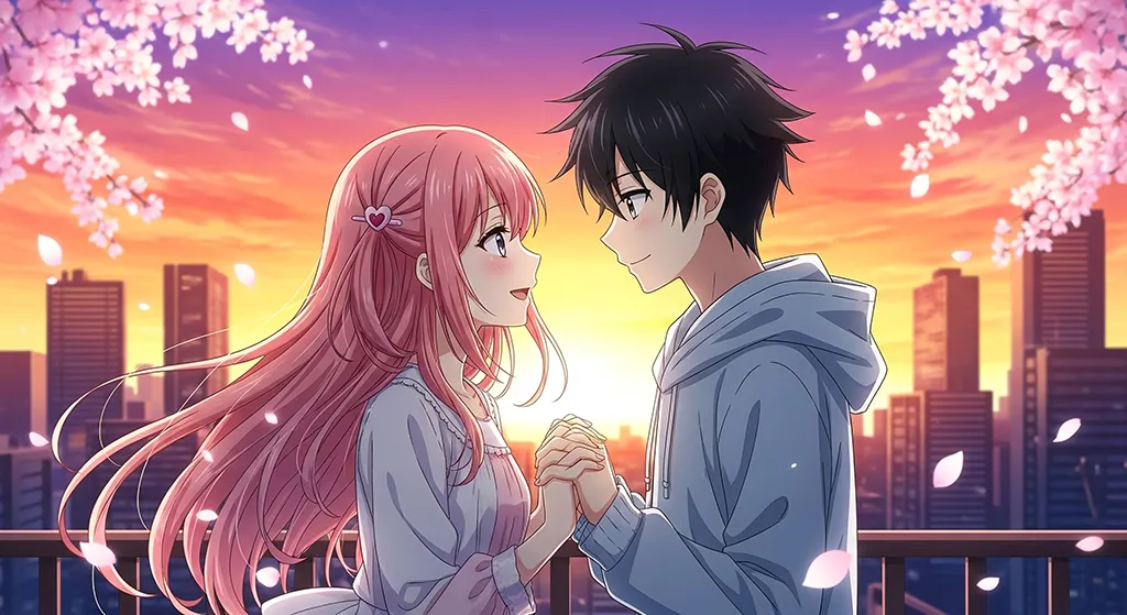 Anime couple cherry blossom sunset wallpaper