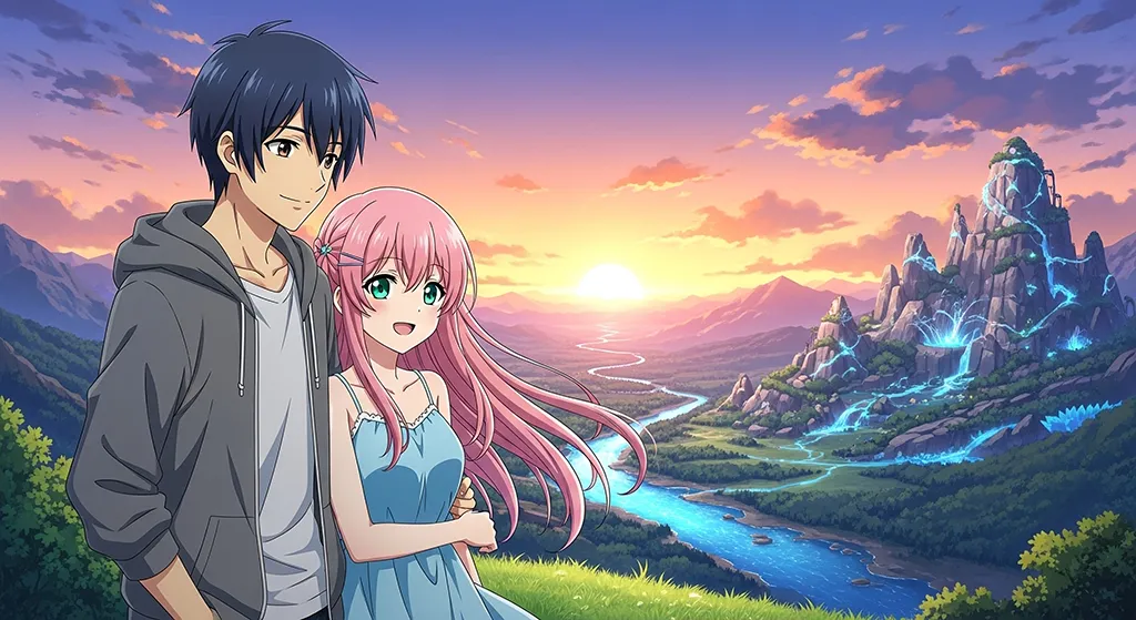 Anime couple fantasy landscape wallpaper