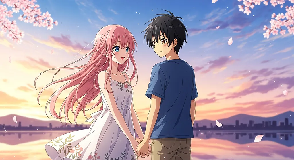 Anime couple lake sunset wallpaper