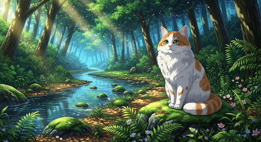 Anime forest cat wallpaper 4K