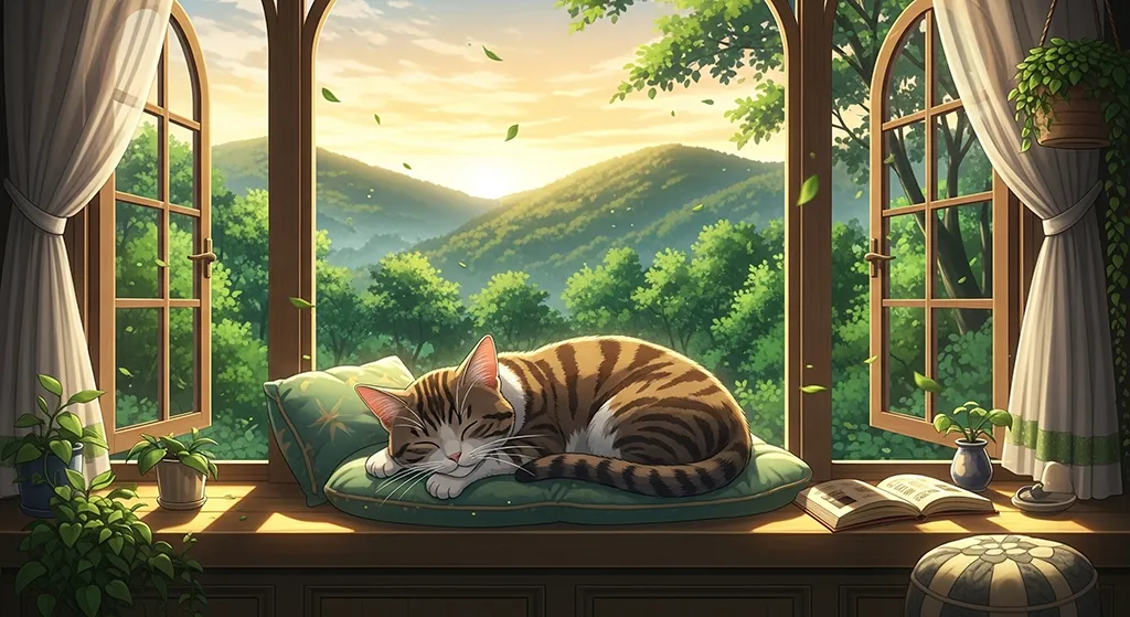 Cozy Anime Cat Window Wallpaper