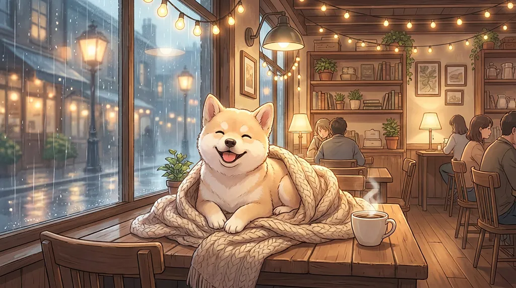 Cozy Shiba Inu Cafe Rainy Day Anime Wallpaper