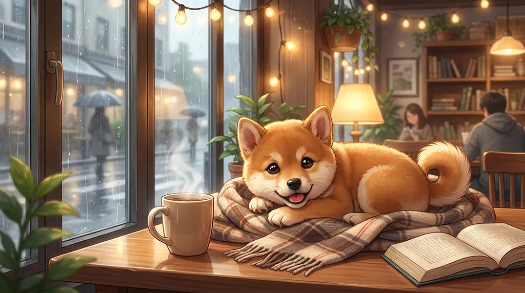Cozy Shiba Inu Rainy Cafe Anime Wallpaper