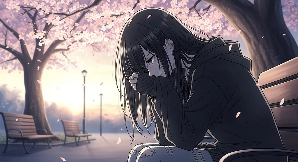 Crying Anime Girl Under Cherry Blossoms Wallpaper
