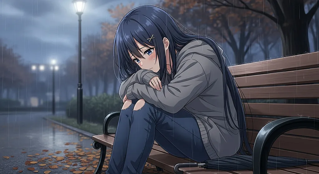 Crying Anime Girl on Rainy Bench Wallpaper