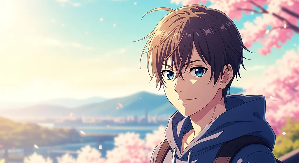 Cute Anime Boy Sakura Lake Wallpaper