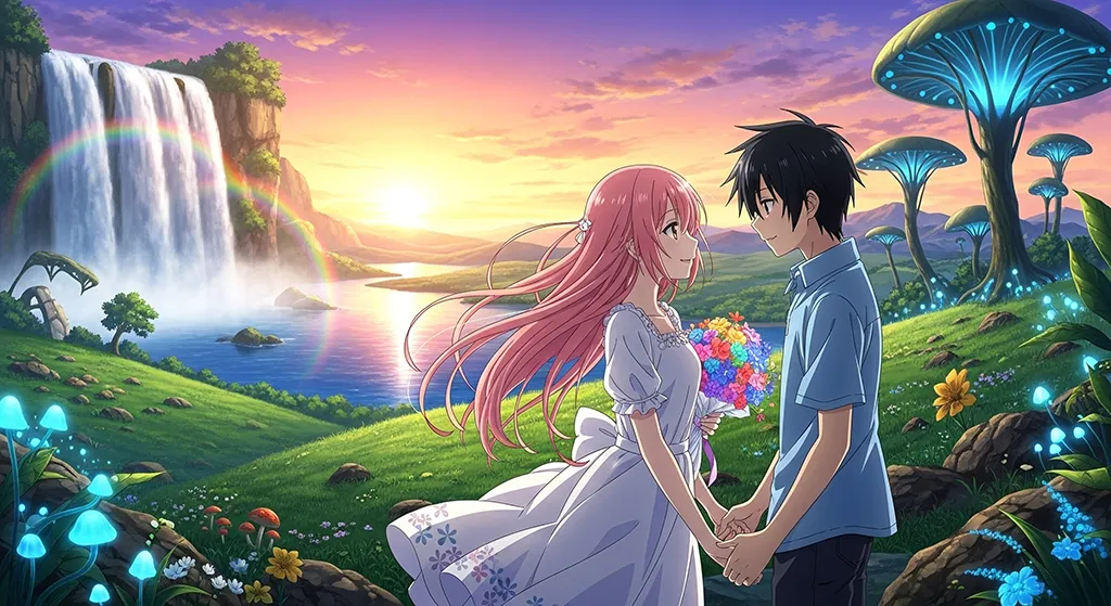 Cute Anime Couple Rainbow Love Scene Wallpaper