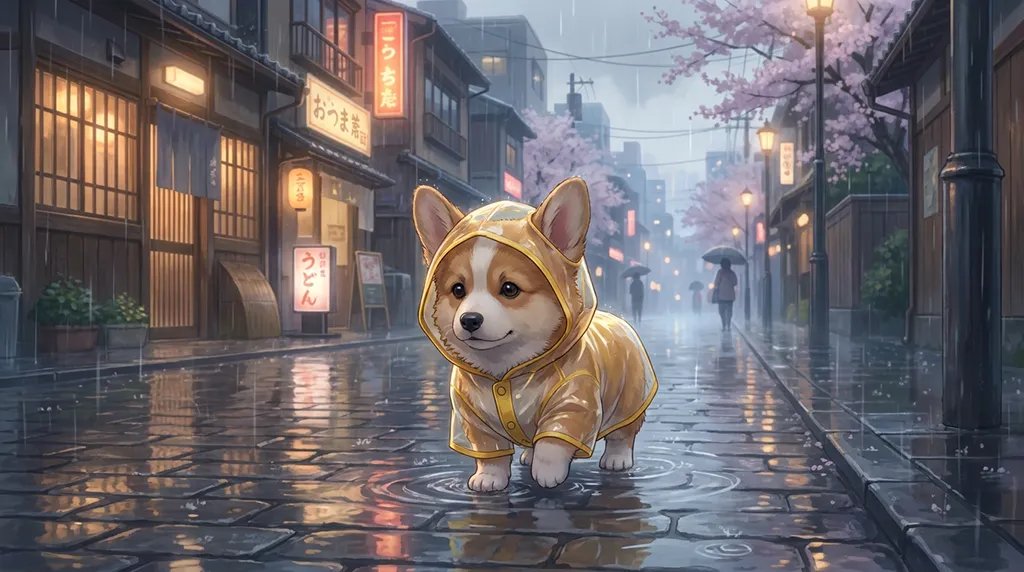 Cute Corgi in Rainy Japanese Street Anime Wallpaper