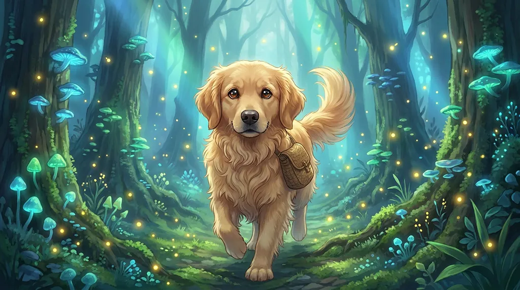Cute Dog Walking in Fantacy Forest Wallpaper