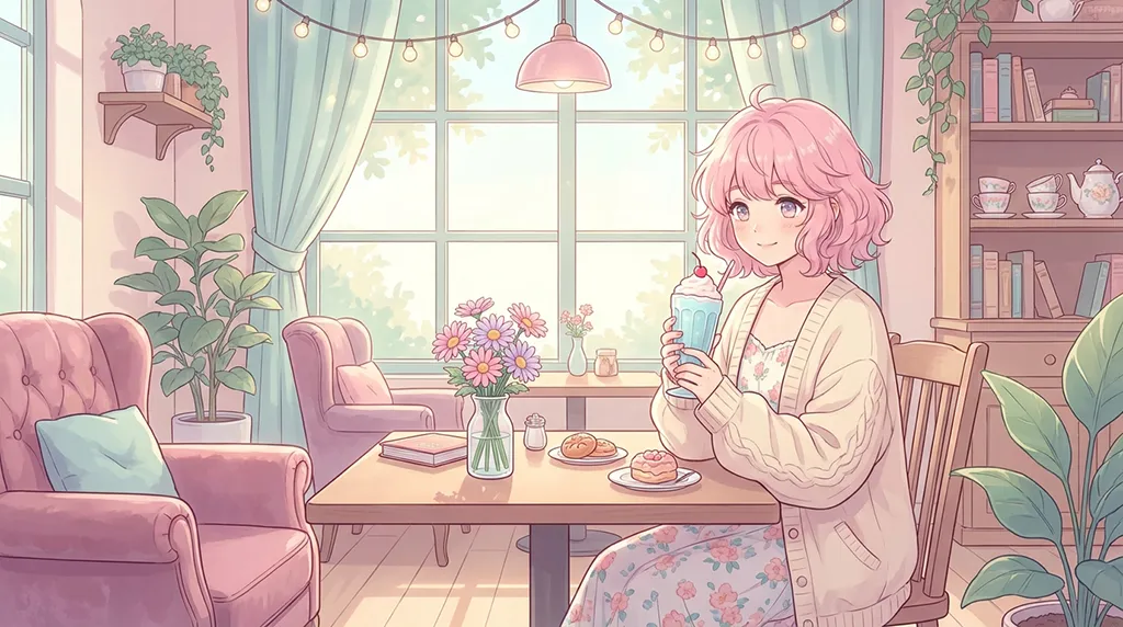 Cute Pastel Anime Girl Cafe Wallpaper