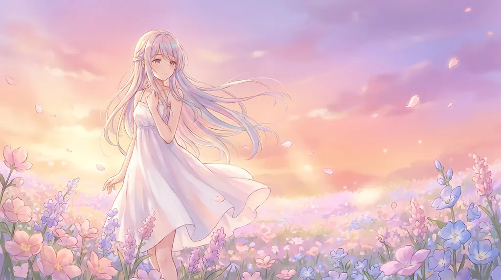 Cute Pastel Anime Girl Flower Field Wallpaper