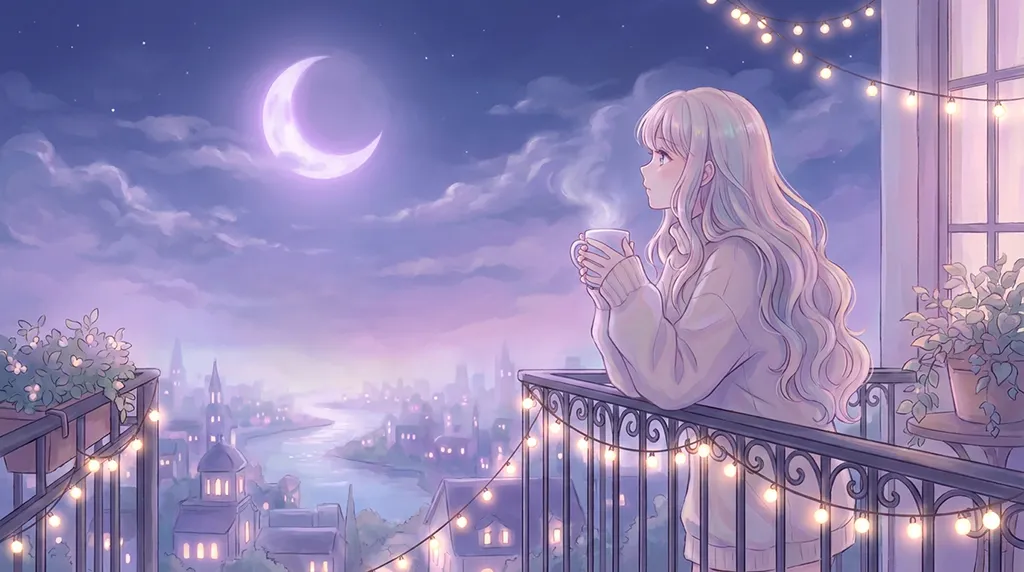 Cute Pastel Anime Girl Moon Balcony Wallpaper