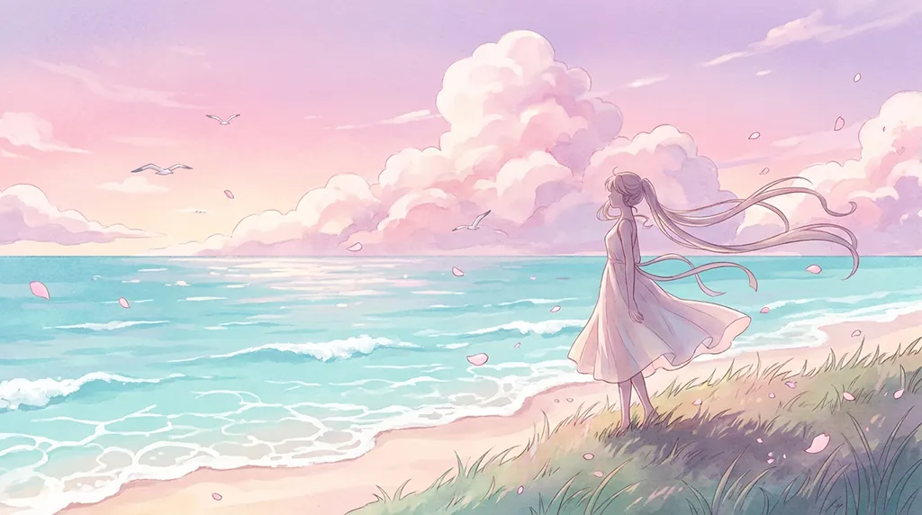 Cute Pastel Anime Girl Ocean View Wallpaper