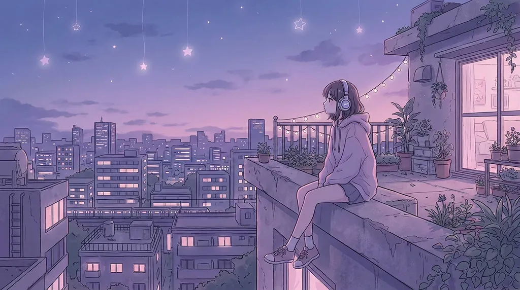 Cute Pastel Anime Girl Rooftop Night Wallpaper