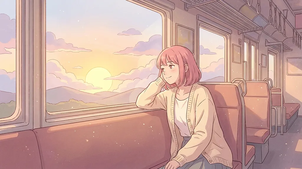 Cute Pastel Anime Girl Train Sunset Wallpaper