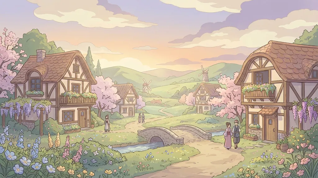 Cute Pastel Cottage Village Spring Wallpaper