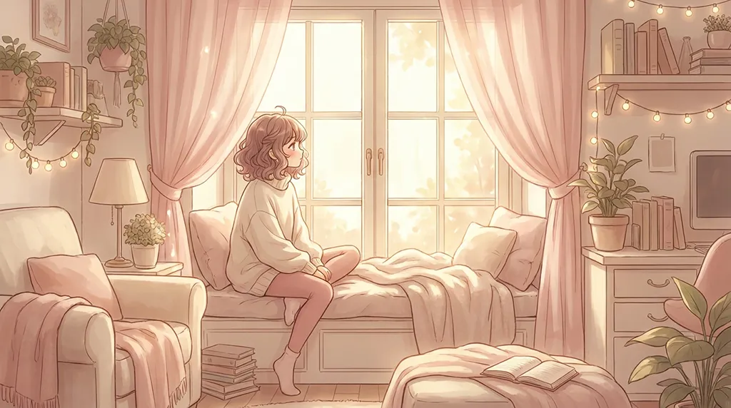 Cute Pastel Cozy Bedroom Morning Wallpaper