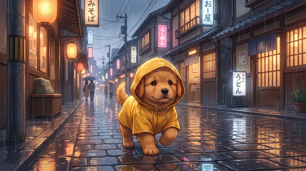 Cute Puppy in Yellow Raincoat Japanese Street Anime Wallpaper