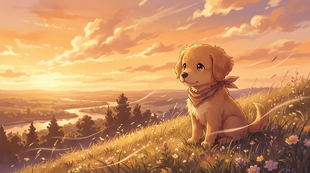 Cute Puppy on Sunset Flower Hill Anime Wallpaper