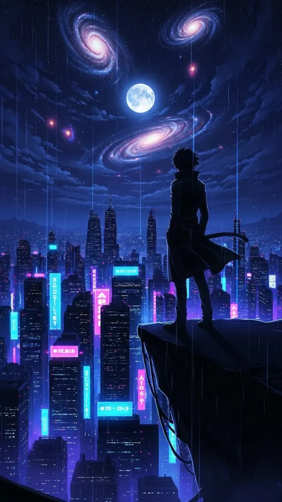 Cyberpunk Anime Skyline Phone Wallpaper