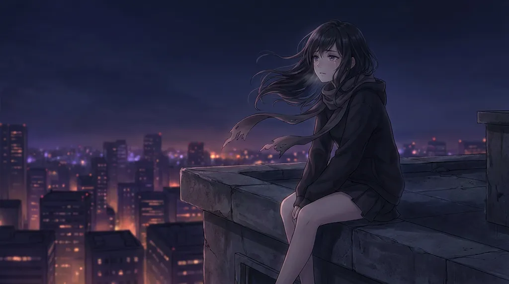 Anime-style girl sitting on a rooftop at night, overlooking a city skyline