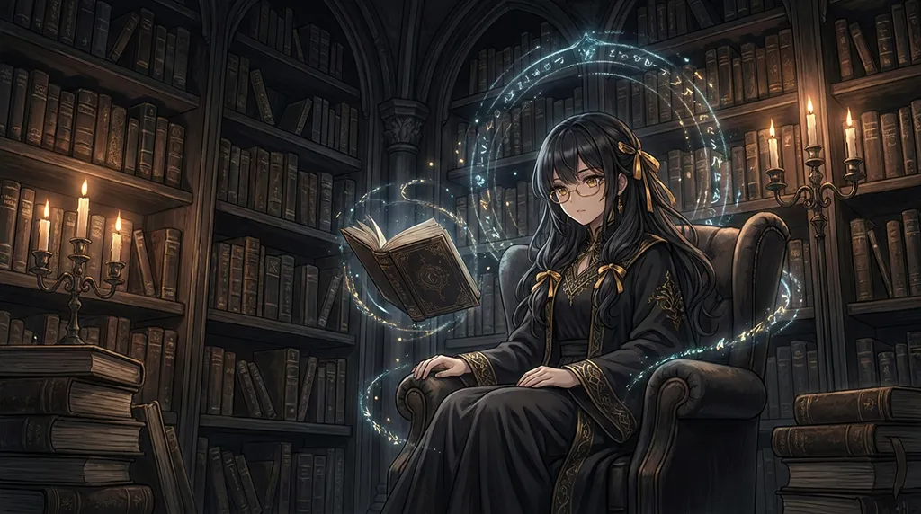 Dark Anime Girl Magic Library Wallpaper