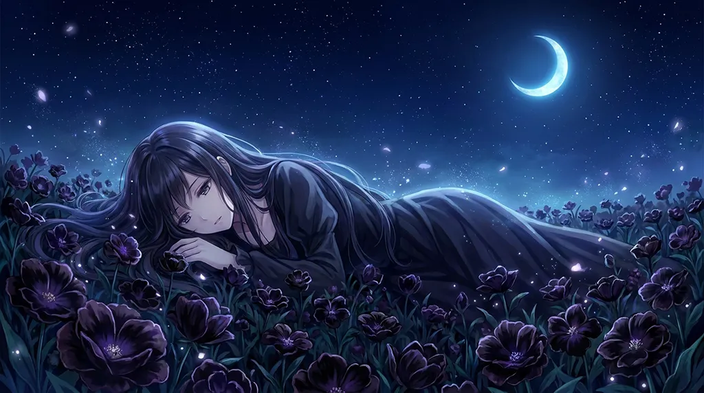 Dark Anime Girl Moonlit Flower Field Wallpaper