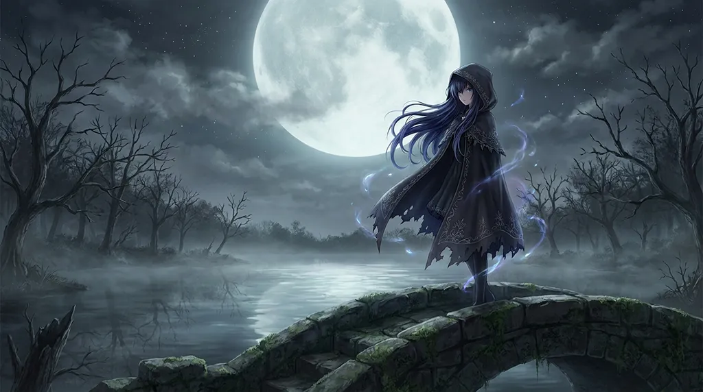Dark Anime Girl Moonlit Swamp Wallpaper
