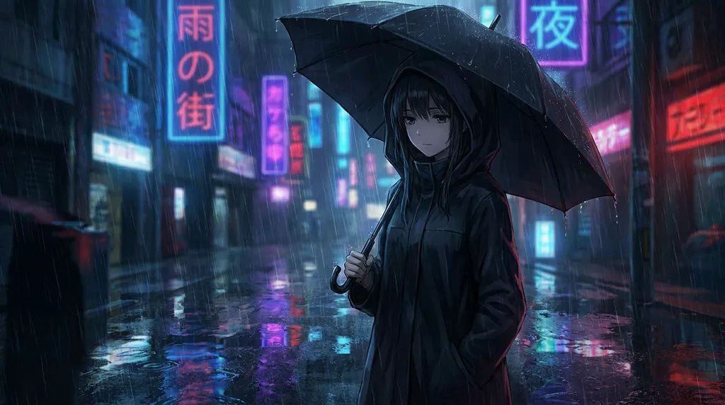 Dark Anime Girl Neon Rain Wallpaper