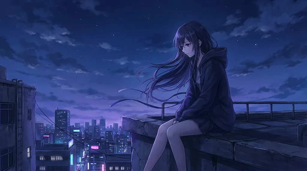 Dark Anime Girl Rooftop Night Wallpaper